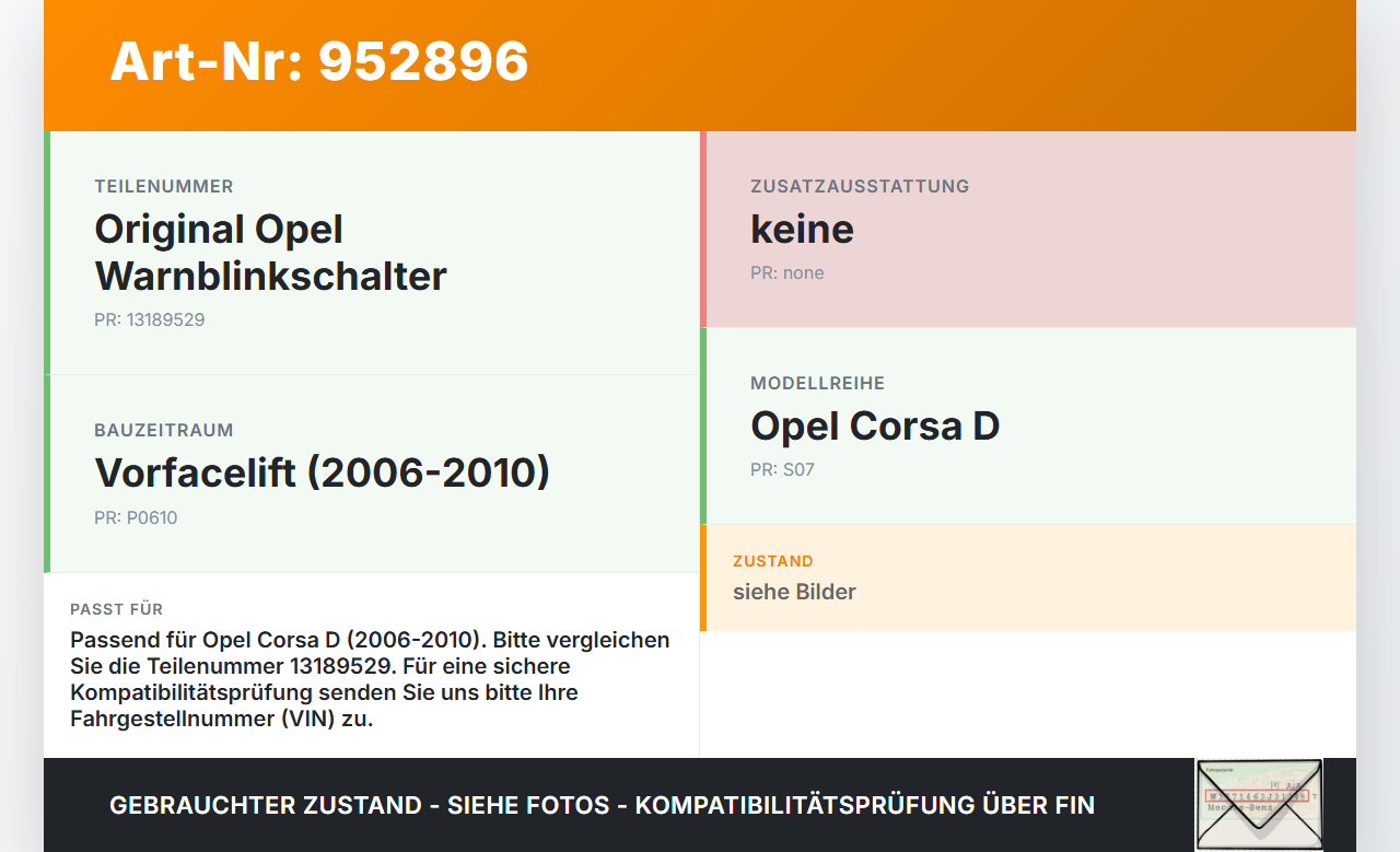 Opel Corsa D S07 06-10 Warnblinkschalter Schalter Opel Corsa D S07 06-10 25.02.2010 13189529 33597833 gebraucht Vorschau 3