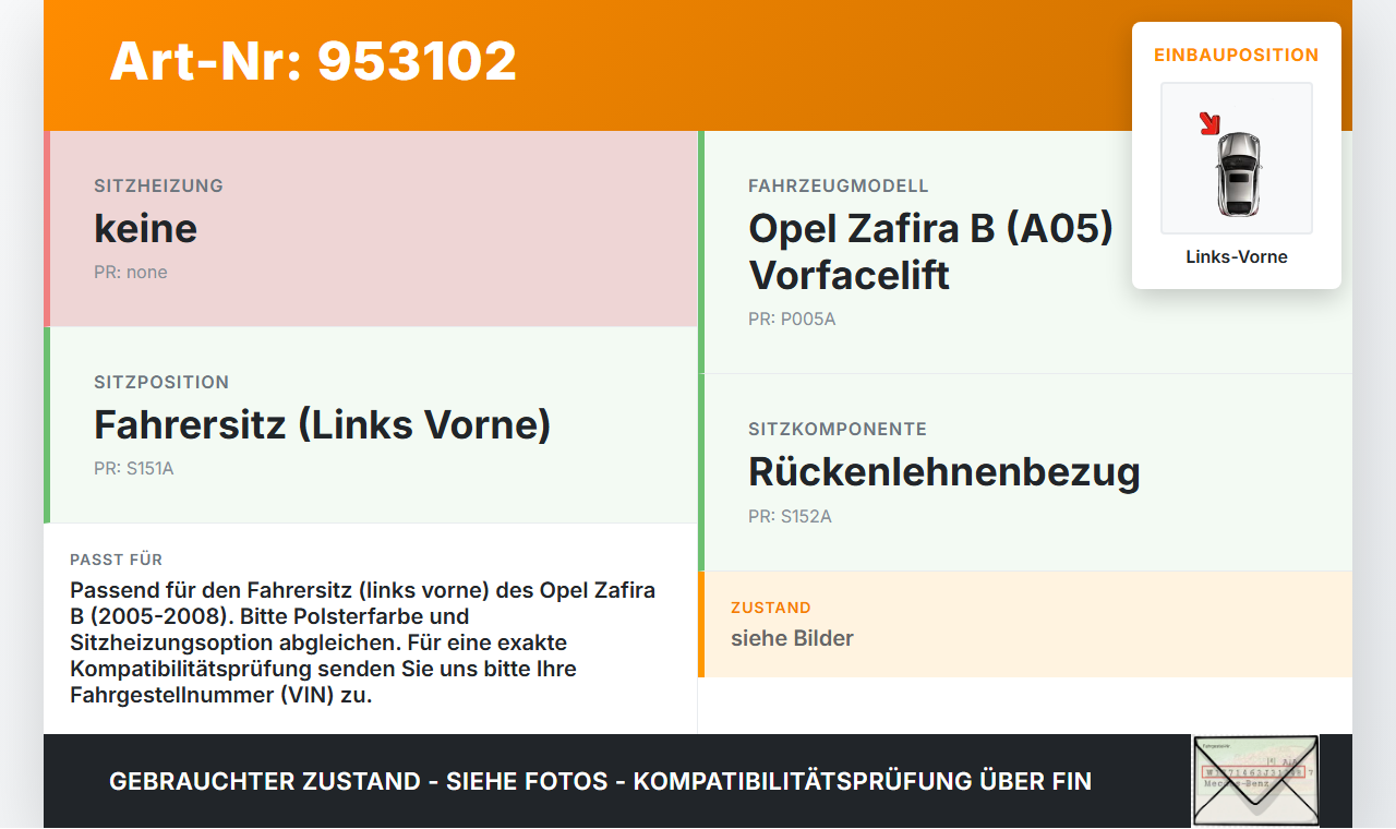 Opel Zafira B A05 05-08 Sitzbezug Rückenpolster Links Vorne für Fahrer Sitz beheizt Opel Zafira B A05 05-08... Vorschau 3