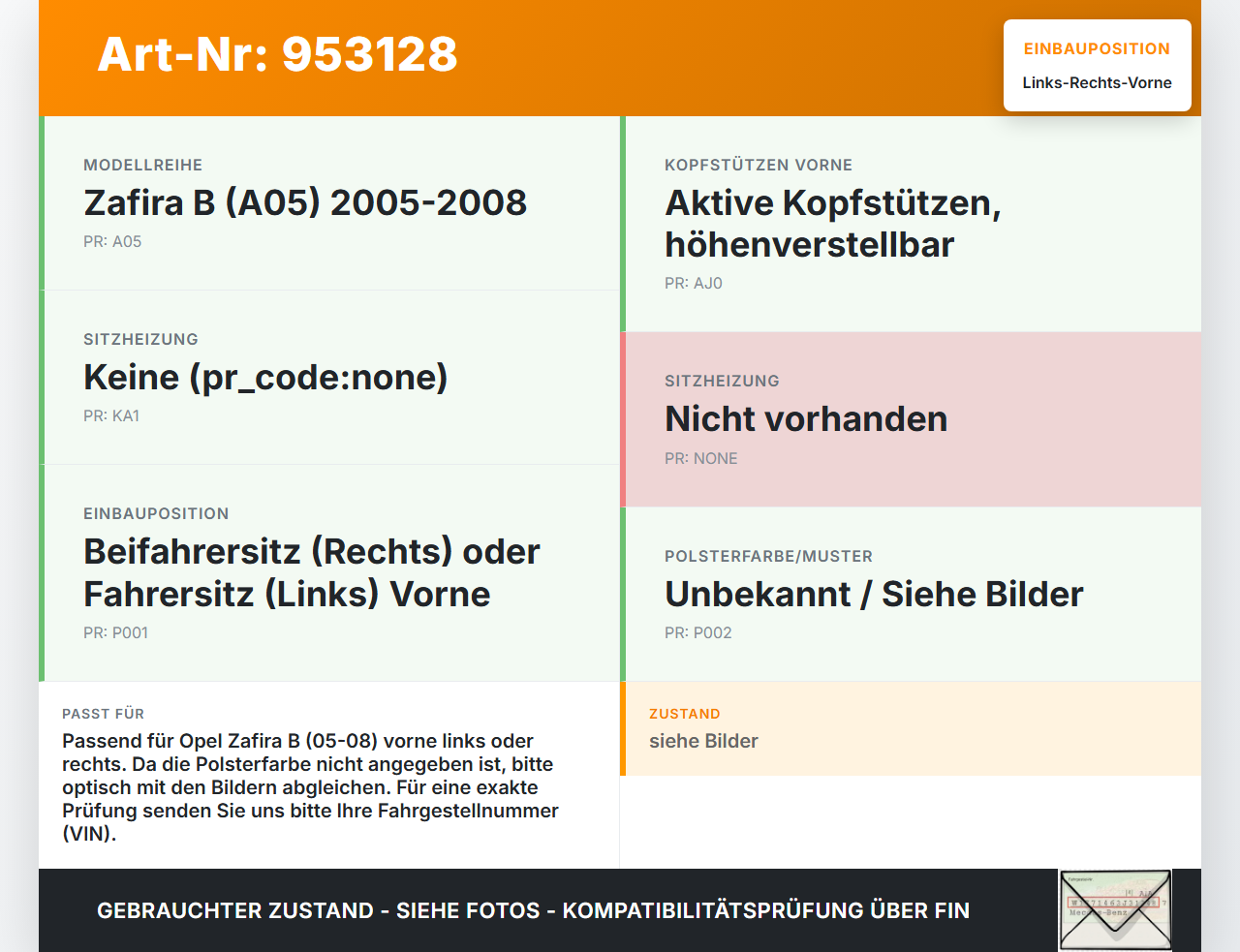 Opel Zafira B A05 05-08 Kopfstütze für Beifahrer Sitz Rechts oder Links Vorne Opel Zafira B A05 05-08 06.10.2006... Vorschau 3