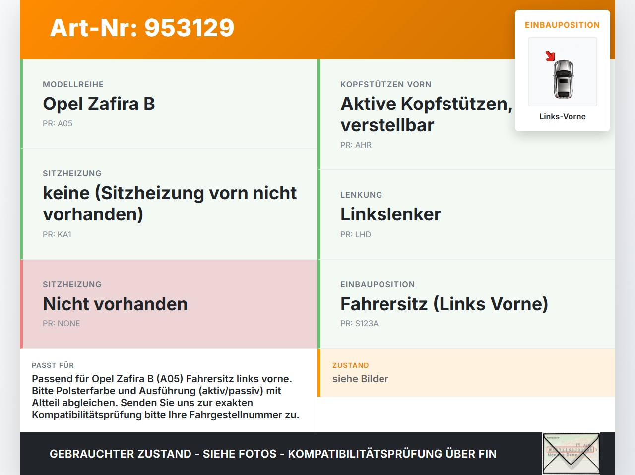 Opel Zafira B A05 05-08 Kopfstütze für Fahrer Sitz Links Vorne Opel Zafira B A05 05-08 06.10.2006 gebraucht Vorschau 3