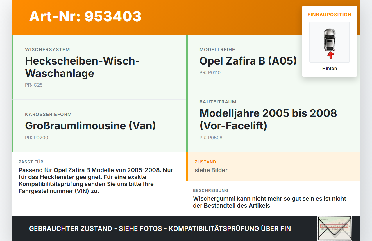 Opel Zafira B A05 05-08 Heckwischer Scheibenwischer Hinten Wischarm Opel Zafira B A05 05-08 06.10.2006 gebraucht Vorschau 3