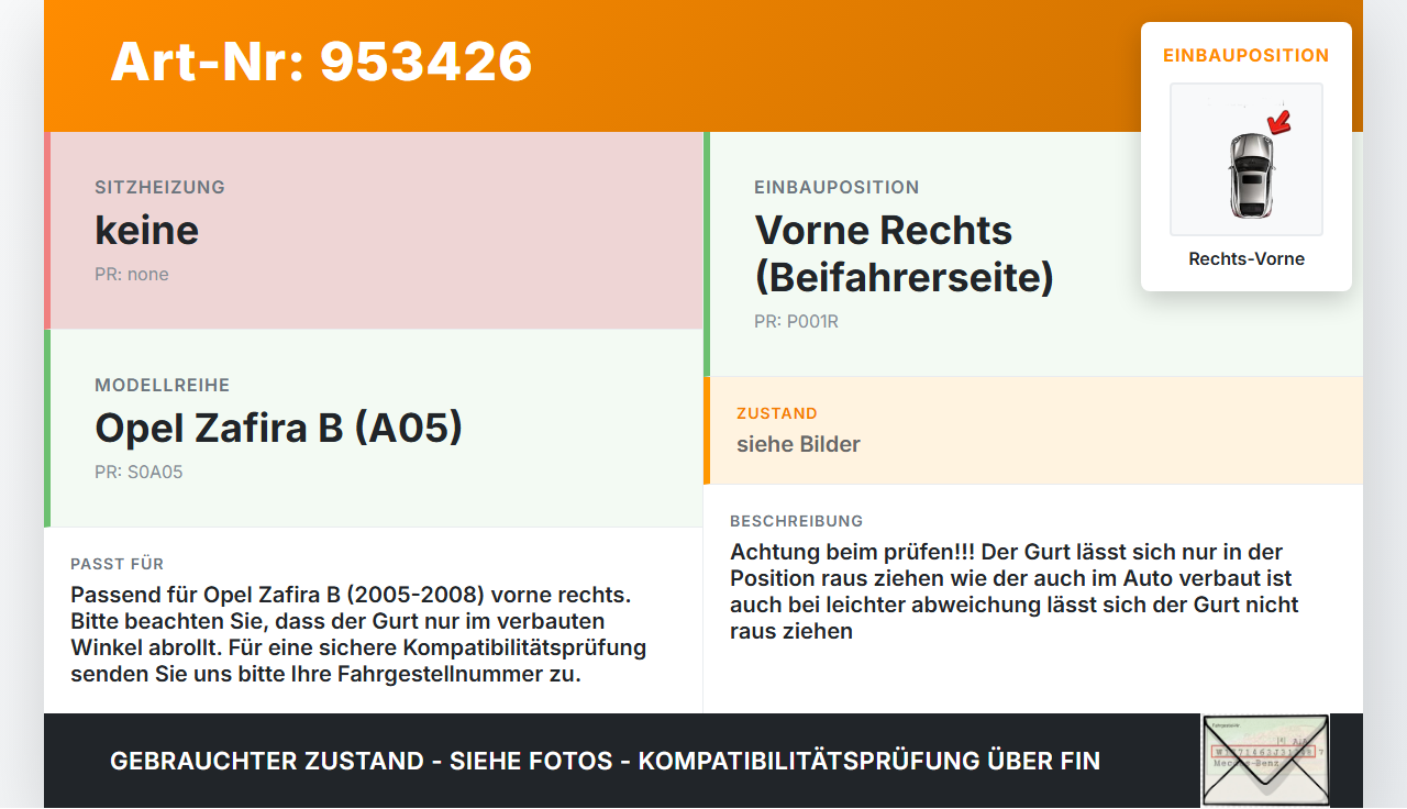 Opel Zafira B A05 05-08 Gurt Sicherheitsgurt Rechts Vorne Opel Zafira B A05 05-08 06.10.2006 13242305 gebraucht Vorschau 3