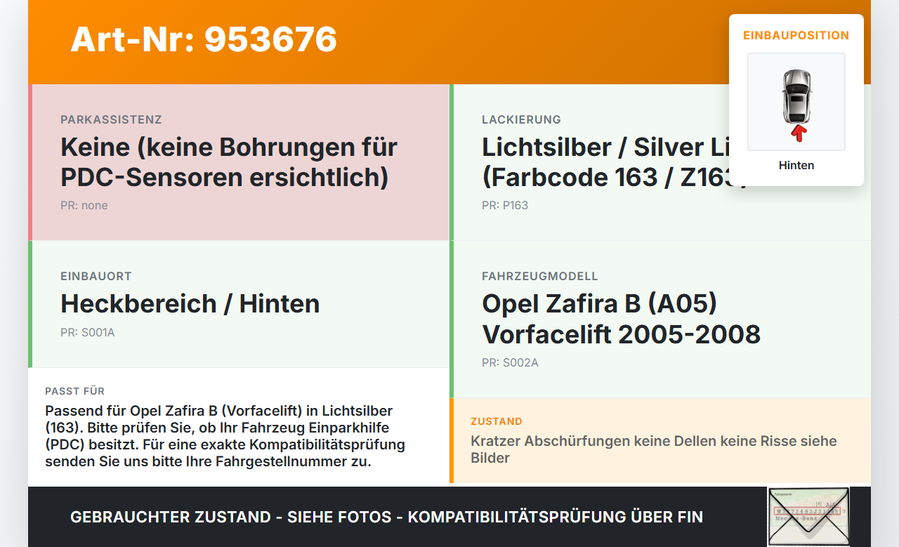 Opel Zafira B A05 05-08 Stoßstange Stoßfänger Hinten 163 Opel Zafira B A05 05-08 06.10.2006 13125014 gebraucht Vorschau 3