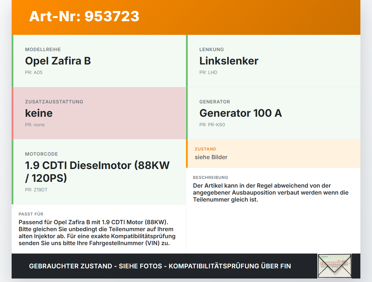 Opel Zafira B A05 05-08 CDTI 1,9 88KW Injektor Einspritzdüse Zyl.1 Opel Zafira B A05 05-08 06.10.2006 93190429 gebraucht Vorschau 3