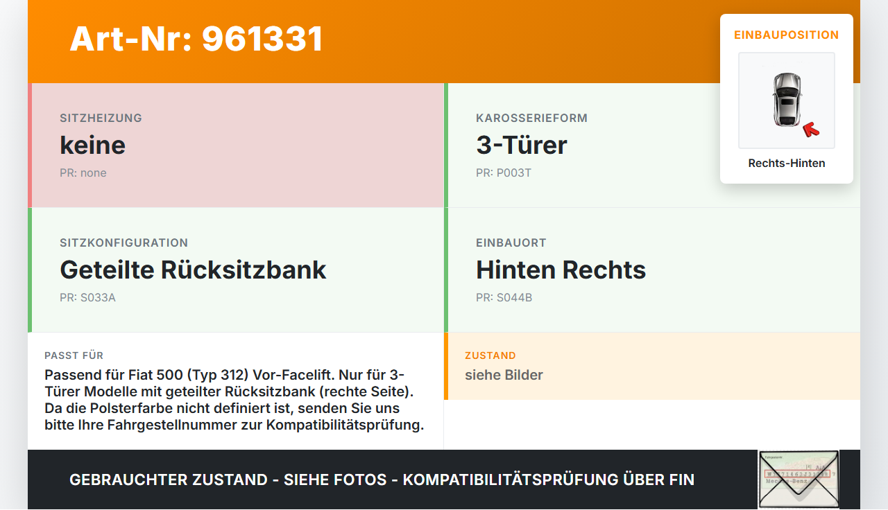 Fiat 500 312 09-15 3T Rückenpolster Rechts für Rücksitzbank Hinten Fiat 500 312 09-15 07.12.2010 gebraucht Vorschau 3