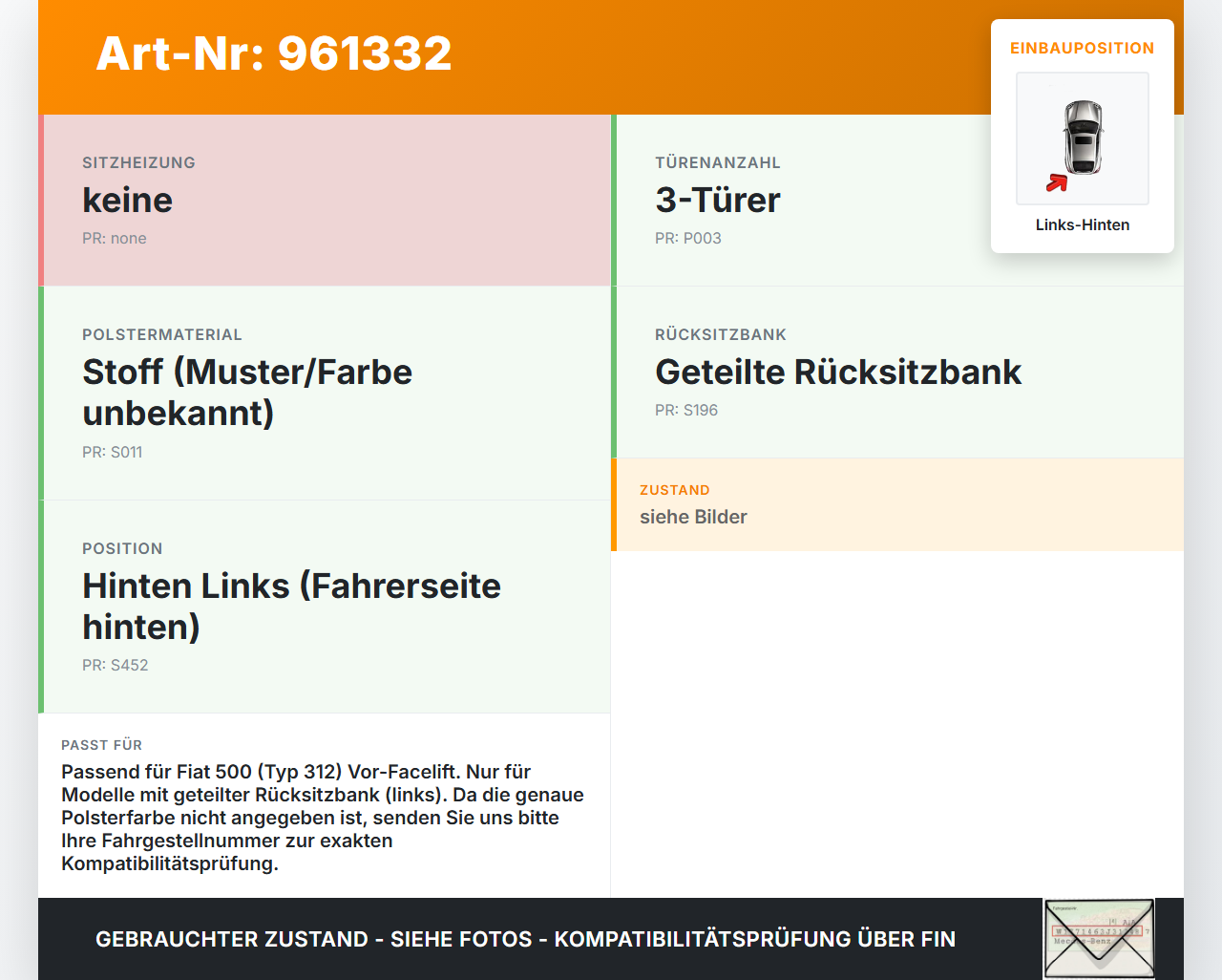 Fiat 500 312 09-15 3T Rückenpolster Links für Rücksitzbank Hinten Fiat 500 312 09-15 07.12.2010 gebraucht Vorschau 3