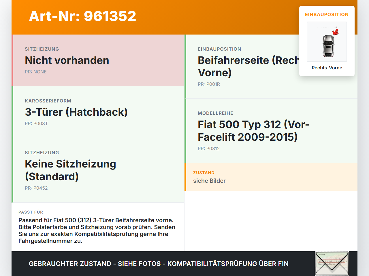 Fiat 500 312 09-15 3T Sitzbezug Sitzpolster für Beifahrersitz Rechts Vorne Fiat 500 312 09-15 07.12.2010 gebraucht Vorschau 3