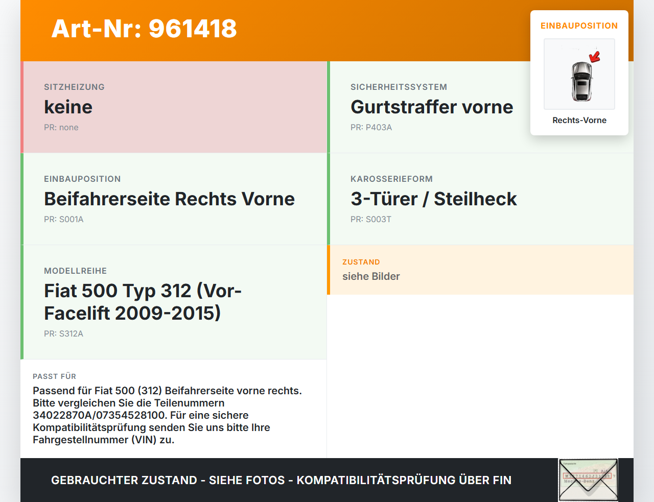 Fiat 500 312 09-15 3T Gurtstraffer Beifahrer Rechts Vorne Fiat 500 312 09-15 07.12.2010 07354528100 34022870A gebraucht Vorschau 3