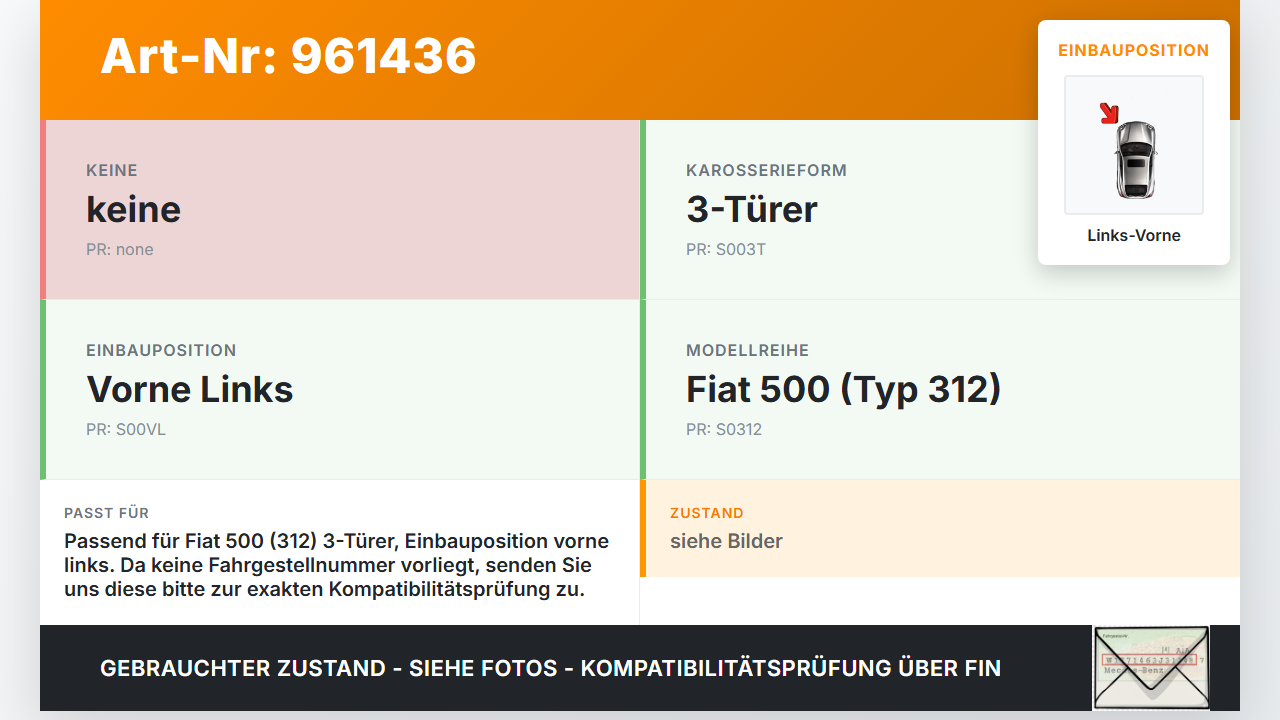 Fiat 500 312 09-15 3T Türfangband Türbremse Türanschlag Links Vorne Fiat 500 312 09-15 07.12.2010 gebraucht Vorschau 3