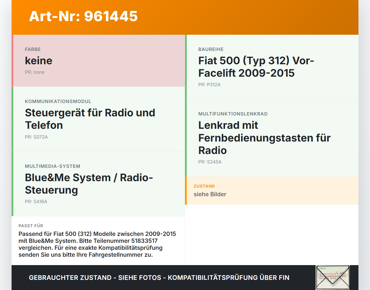 Fiat 500 312 09-15 Steuergerät SG Radio Controller Fiat 500 312 09-15 07.12.2010 51833517 503950410103 gebraucht Vorschau 3