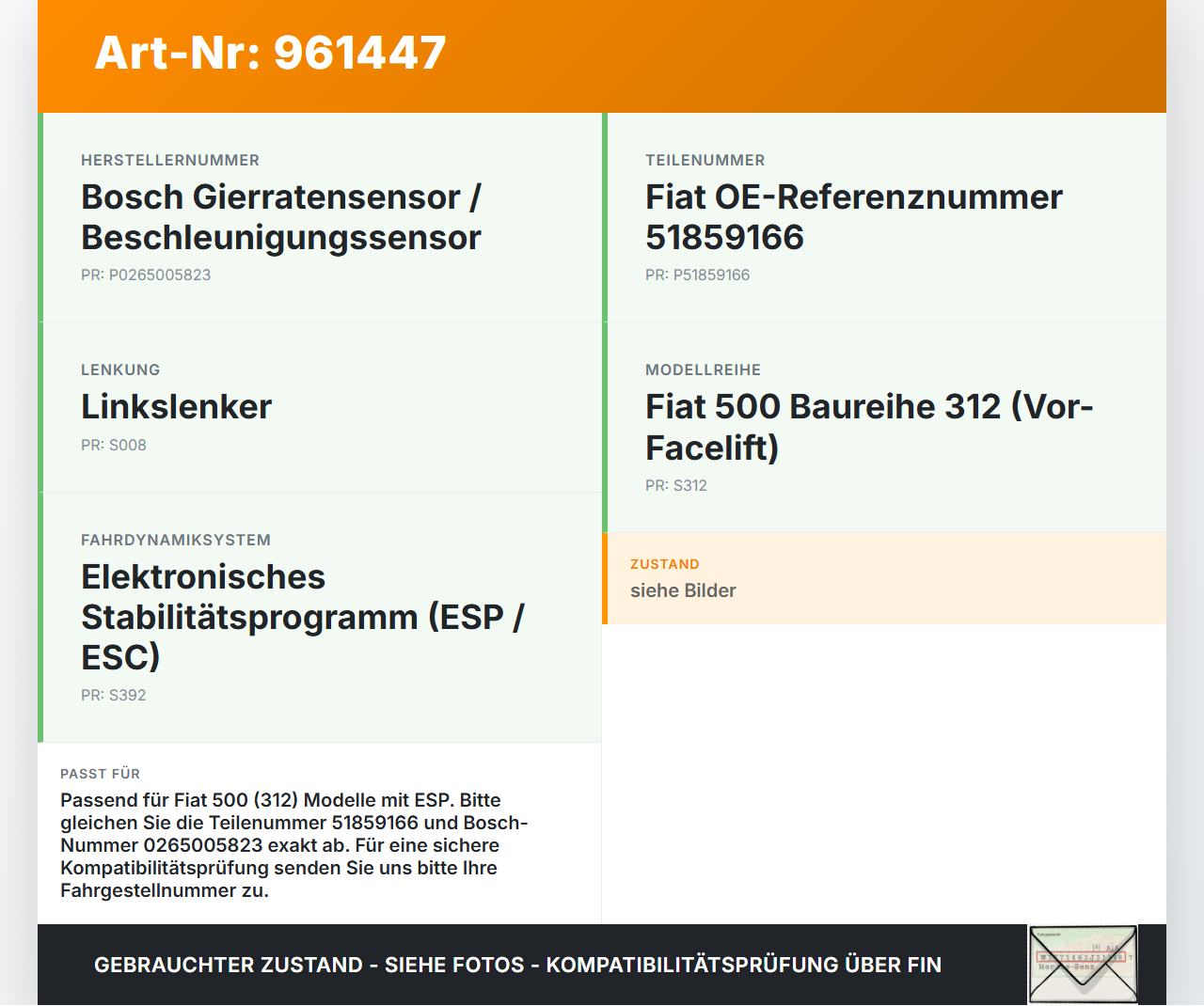 Fiat 500 312 09-15 3T ESP Sensor Steuergerät Fiat 500 312 09-15 07.12.2010 0265005823 51859166 gebraucht Vorschau 3