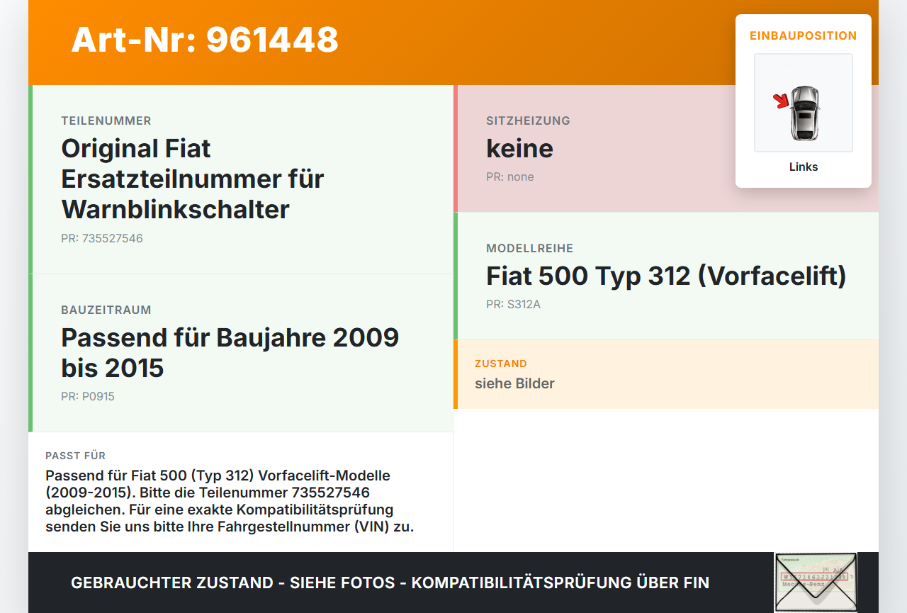 Fiat 500 312 09-15 Warnblinkschalter Schalter Fiat 500 312 09-15 07.12.2010 735527546 gebraucht Vorschau 3