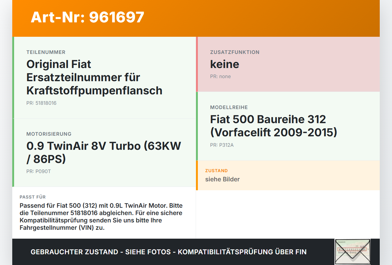 Fiat 500 312 09-15 0,9 63KW Deckel Flansch für Kraftstoffpumpe Fiat 500 312 09-15 07.12.2010 51818016 0580200008... Vorschau 3