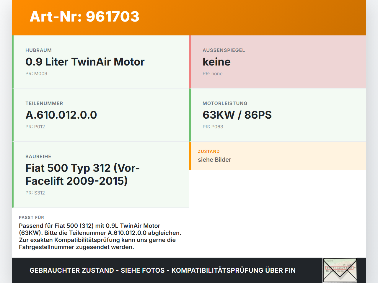 Fiat 500 312 09-15 0,9 63KW Sensor Temperatursensor Fiat 500 312 09-15 07.12.2010 A.610.012.0.0 gebraucht Vorschau 3