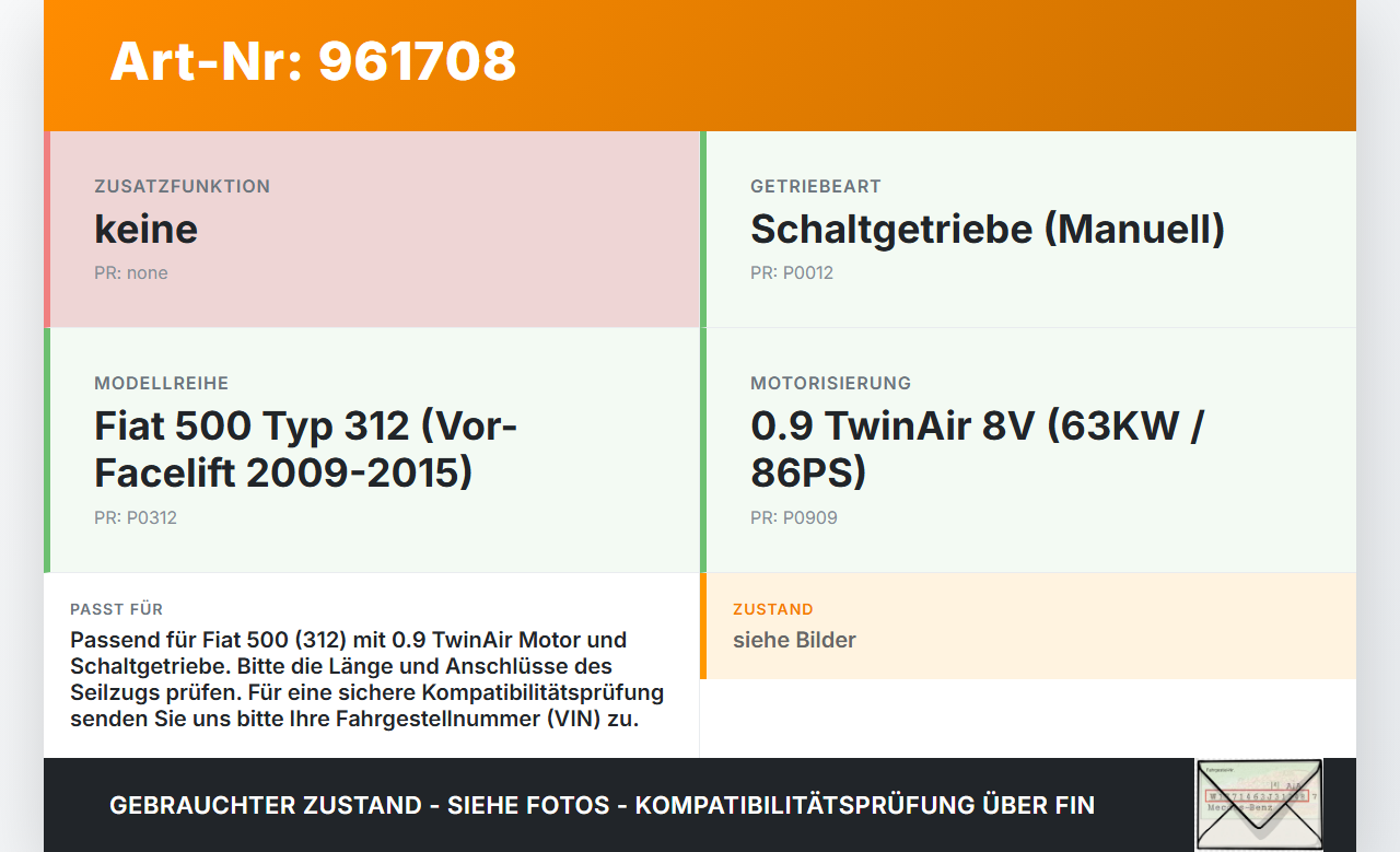 Fiat 500 312 09-15 0,9 63KW Schaltzug Schaltseilzug Schaltseil Fiat 500 312 09-15 07.12.2010 gebraucht Vorschau 3