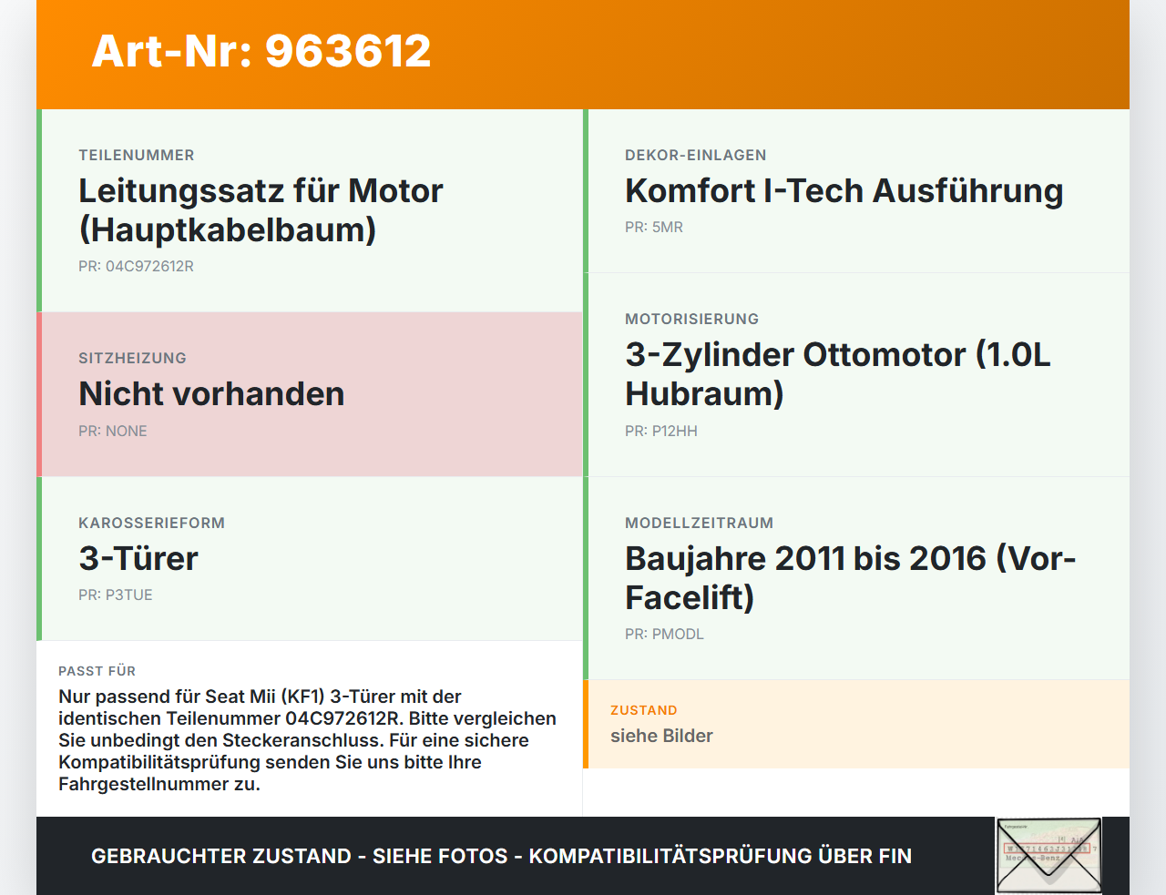 Seat Mii KF1 11-16 3T Kabelbaum für Motor Seat Mii KF1 11-16 21.10.2014 04C972612R gebraucht Vorschau 3