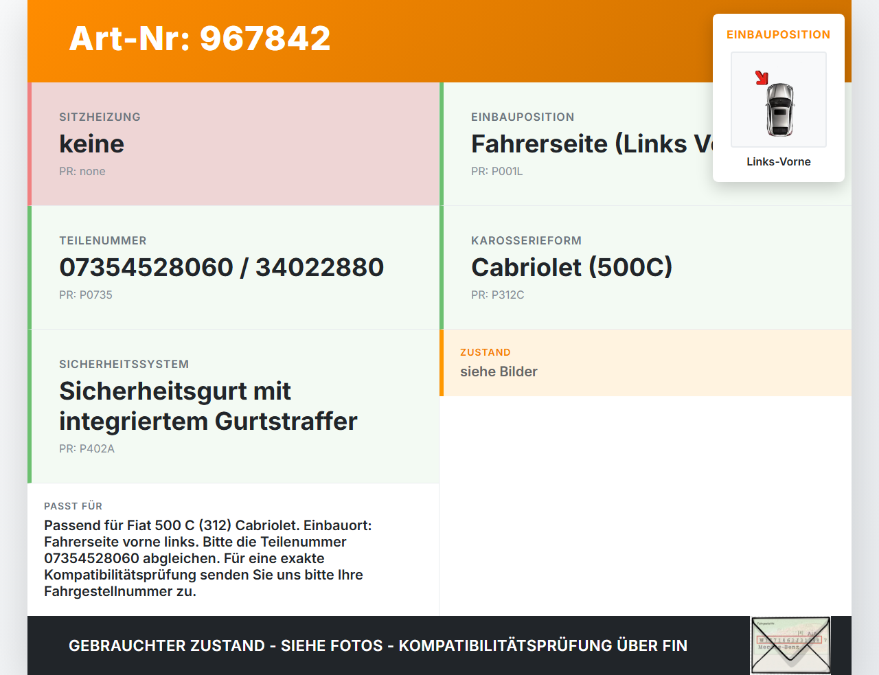 Fiat 500 C 312 Cabrio Gurtstraffer Fahrer Links Vorne Fiat 500 C 312 24.01.2013 34022880 07354528060 gebraucht Vorschau 3