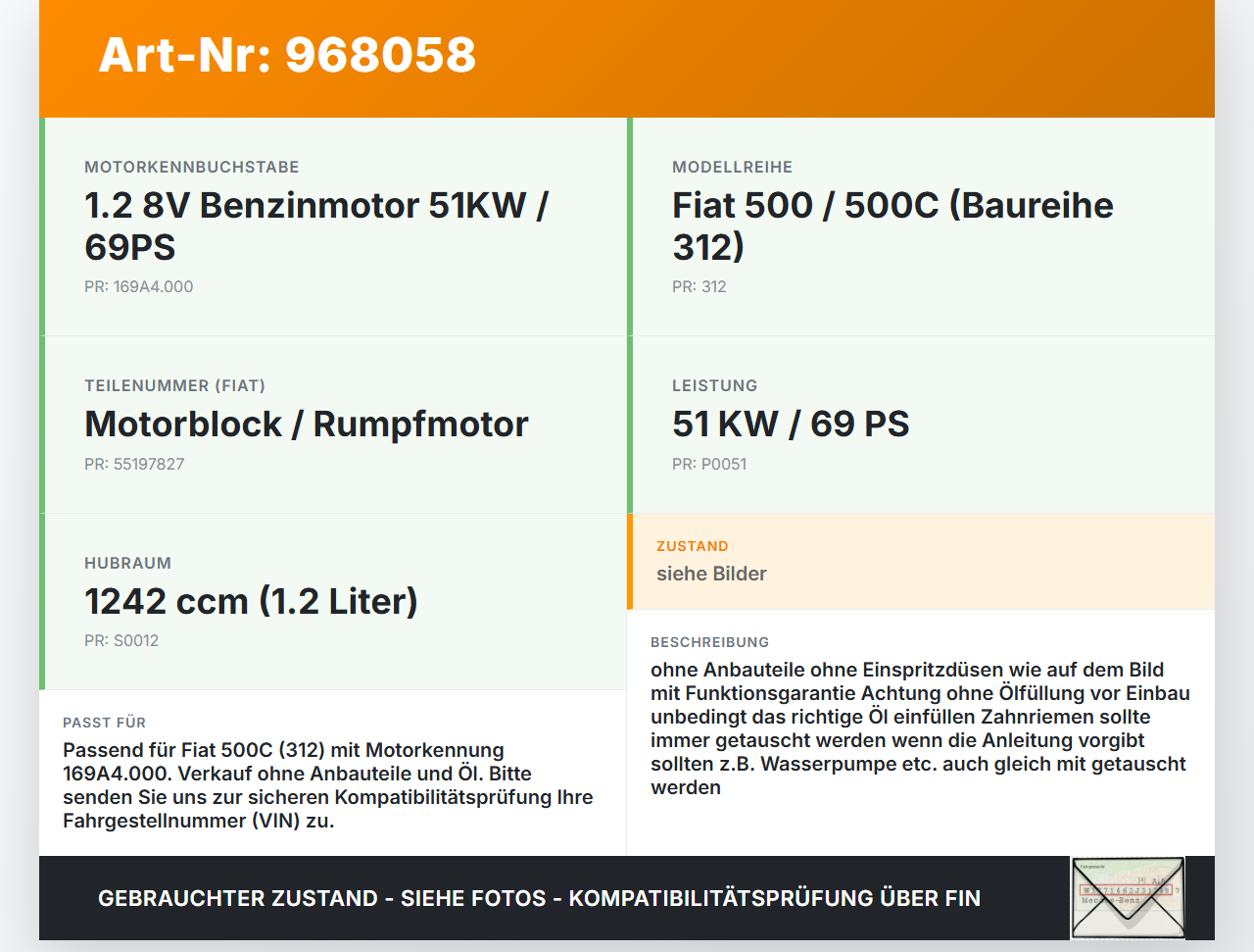 Fiat 500 C 312 1,2 51KW 169A4.000 Motor Fiat 500 C 312 24.01.2013 5134124800 55197827 gebraucht Vorschau 3