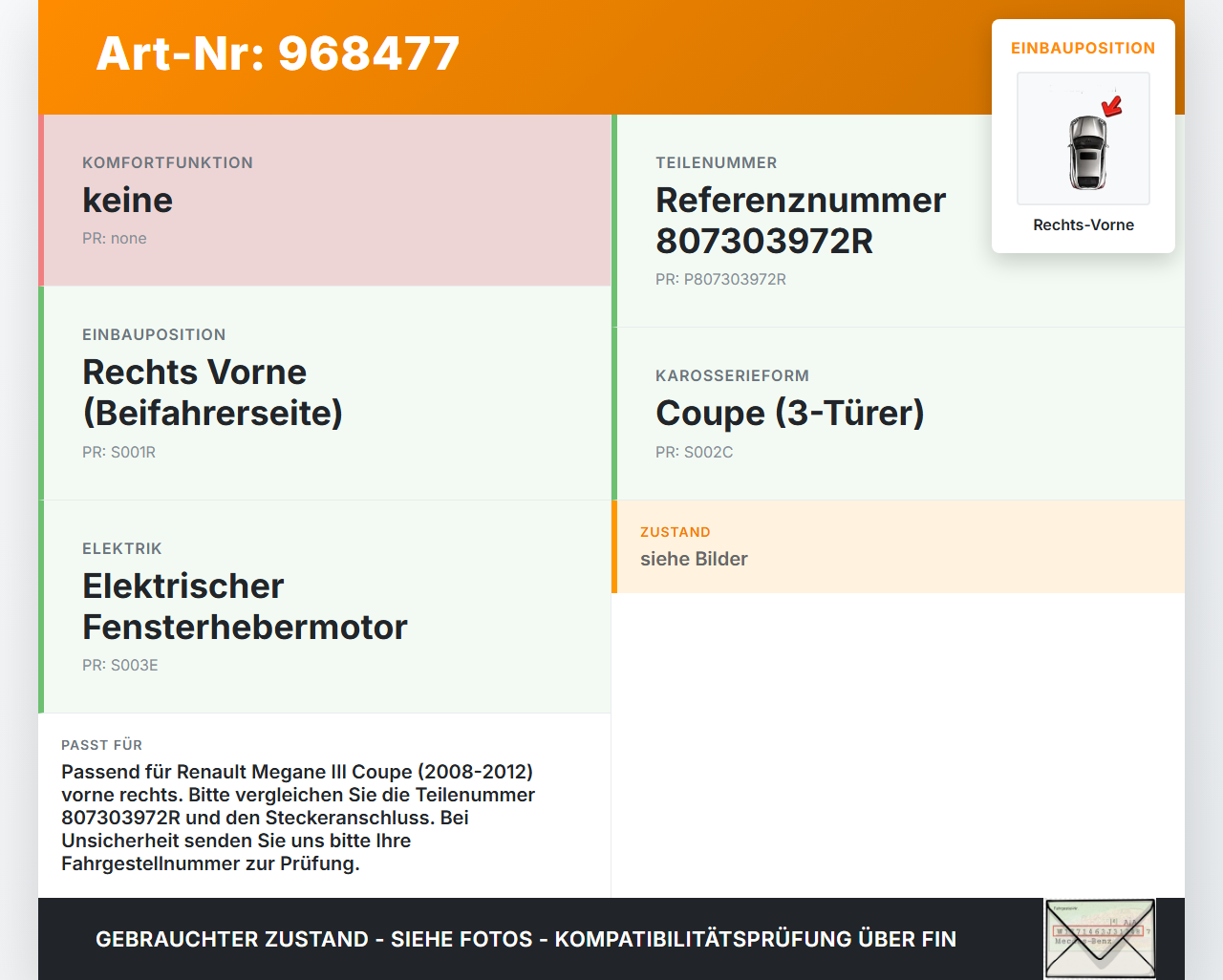 Renault Megane III 08-12 Coupe Fensterhebermotor Rechts Vorne Renault Megane III 08-12 13.12.2010 807303972R gebraucht Vorschau 3