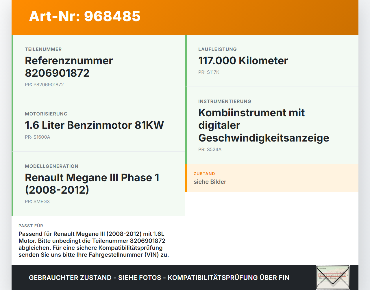 Renault Megane III 08-12 1,6 81KW Kombiinstrument Tacho Renault Megane III 08-12 13.12.2010 8206901872 248104902R... Vorschau 3