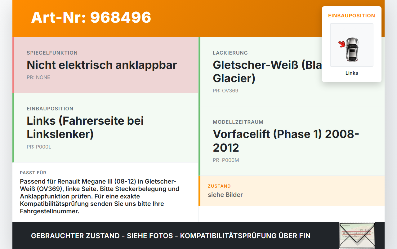 Renault Megane III 08-12 Spiegel Aussenspiegel Links OV369 Renault Megane III 08-12 13.12.2010 gebraucht Vorschau 3