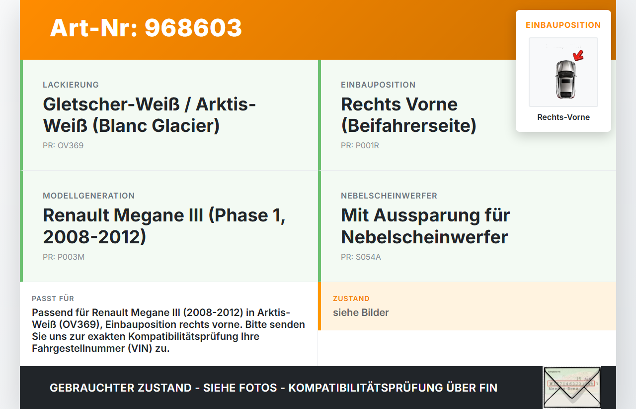 Renault Megane III 08-12 Kotflügel Rechts Vorne OV369 Renault Megane III 08-12 13.12.2010 gebraucht Vorschau 3