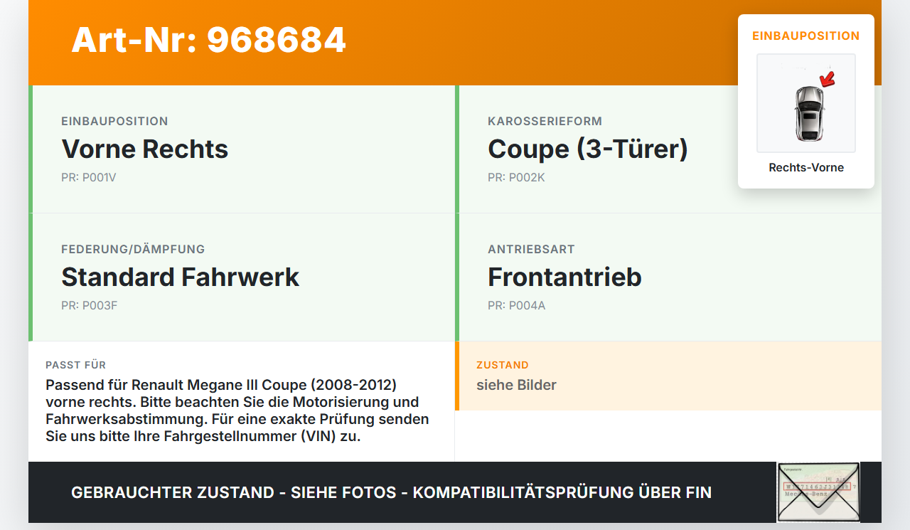 Renault Megane III 08-12 Coupe Stossdämpfer Federbein Vorne Rechts Renault Megane III 08-12 13.12.2010 gebraucht Vorschau 3
