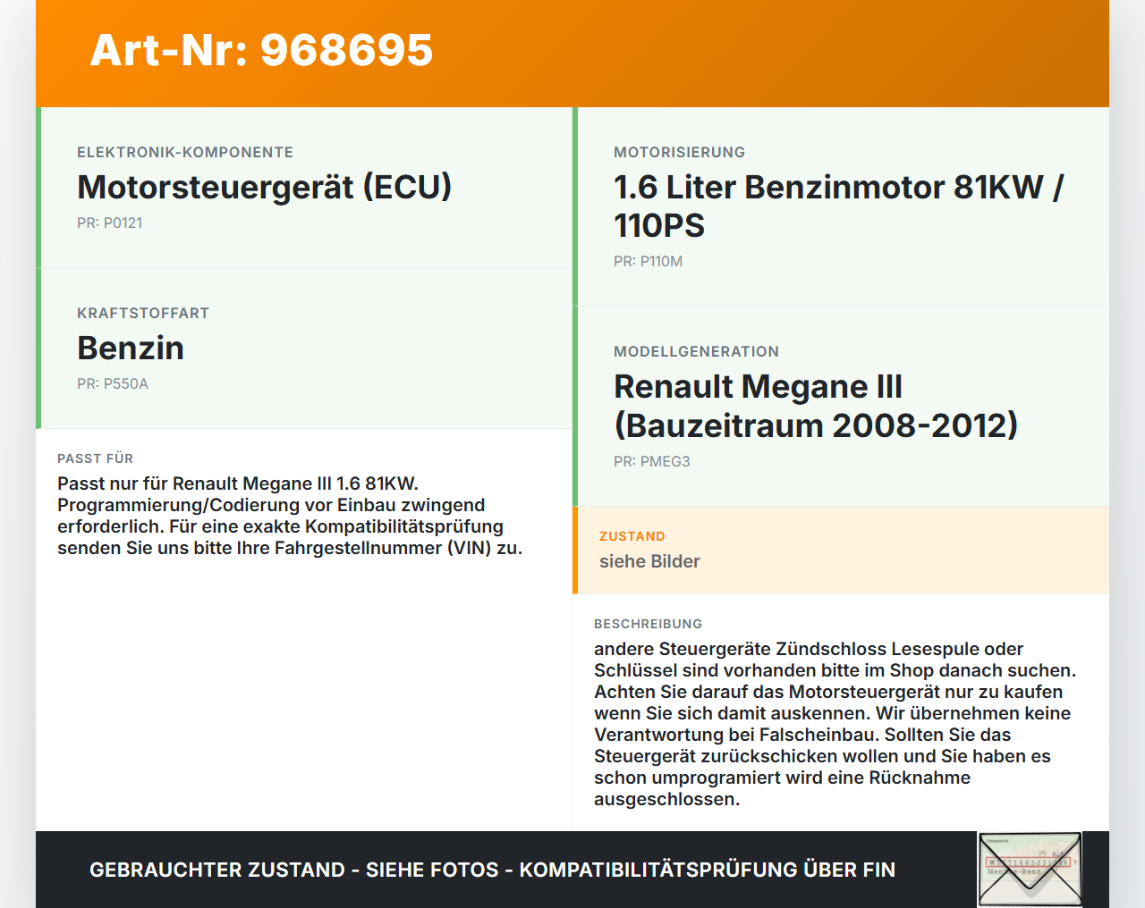 Renault Megane III 08-12 1,6 81KW Steuergerät ECU für Motor Motorsteuergerät Renault Megane III 08-12 13.12.2010... Vorschau 3