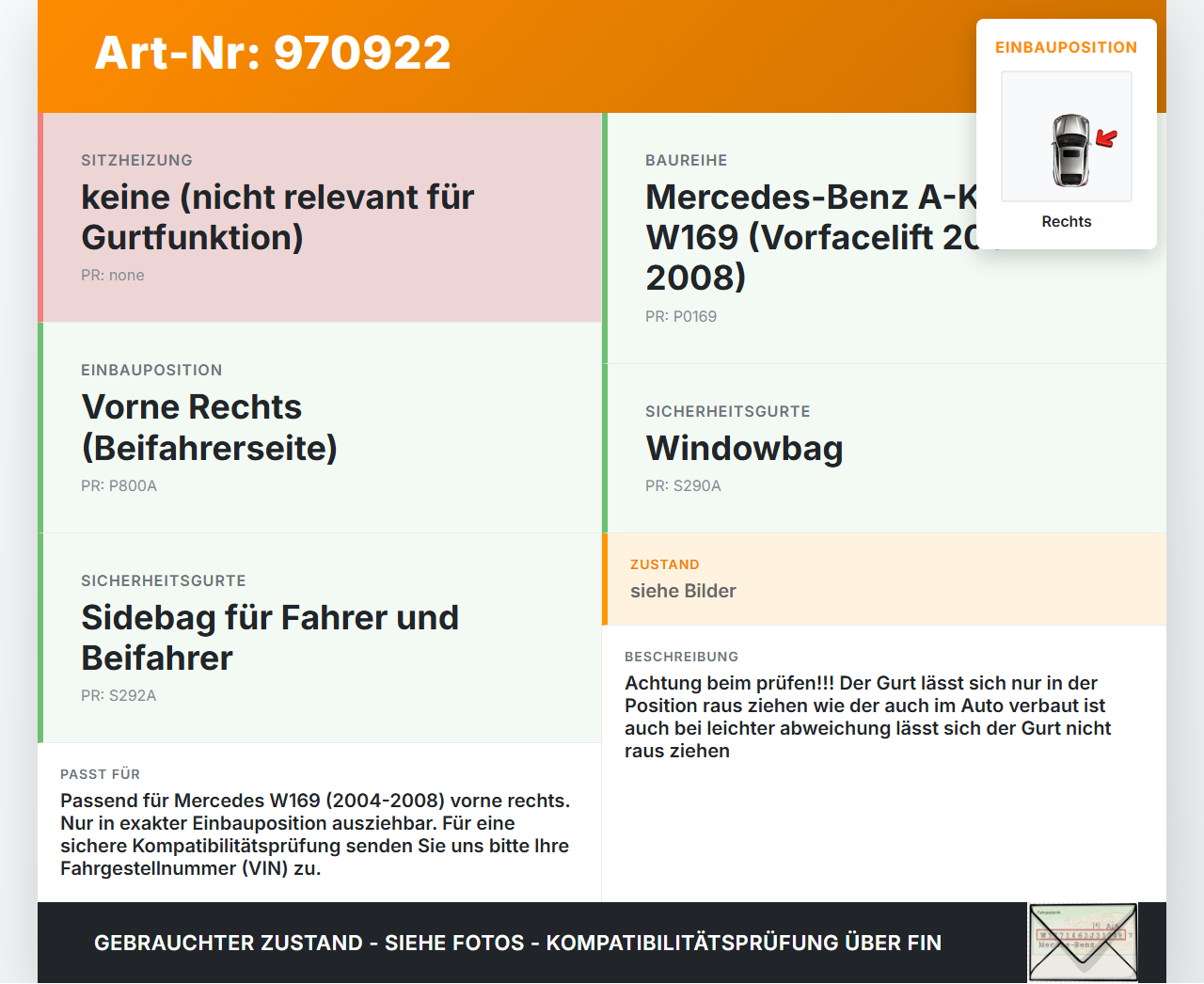 Mercedes A170 W169 04-08 5T Gurt Sicherheitsgurt Gurtstraffer Beifahrer Rechts Vo Mercedes A170 W169 04-08... Vorschau 3