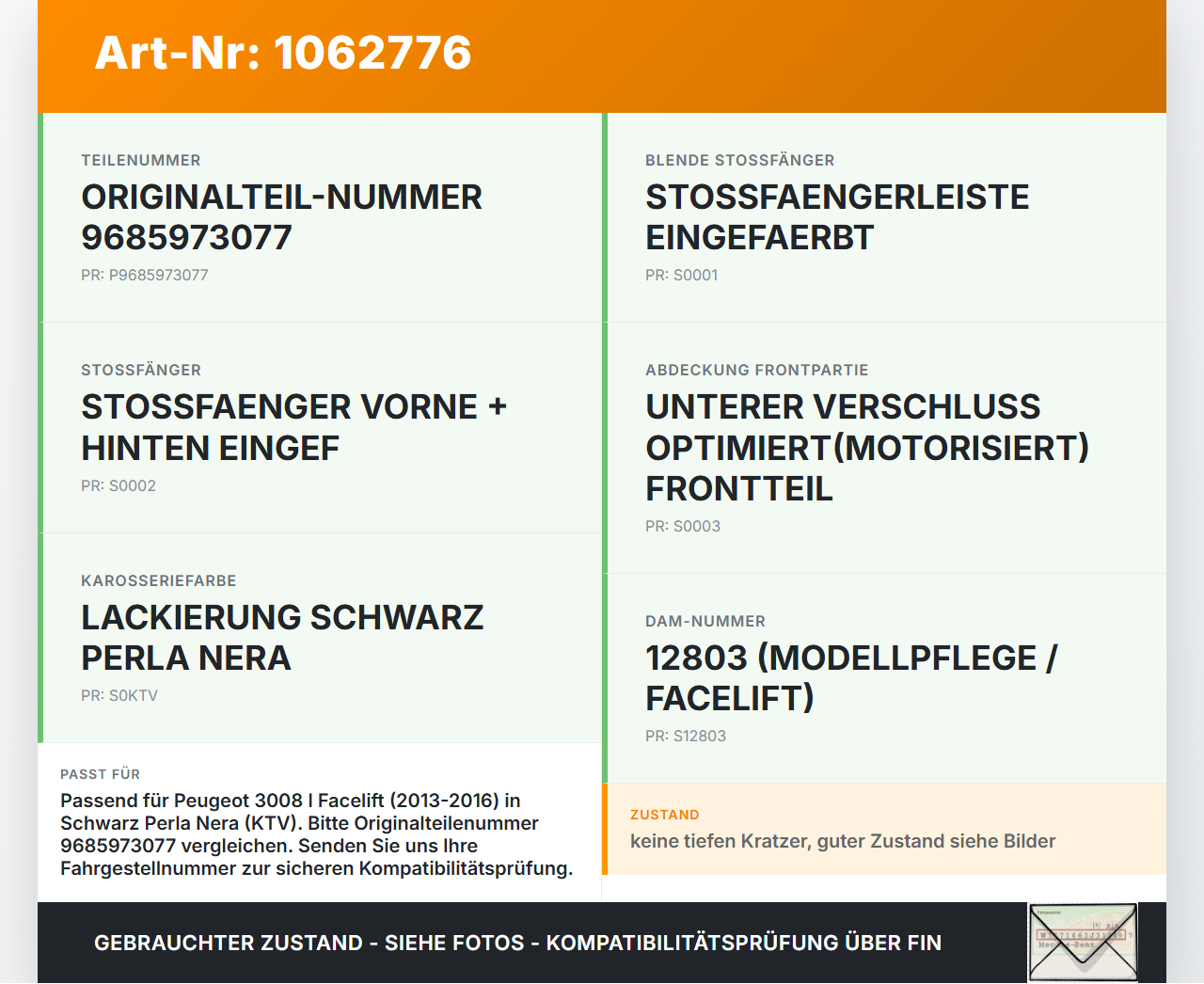 Peugeot 3008 I 0U 13-16 Frontgrill Kühlergrill Grill KTV Peugeot 3008 I 0U 13-16 02.01.2012 9685973077 gebraucht Vorschau 3
