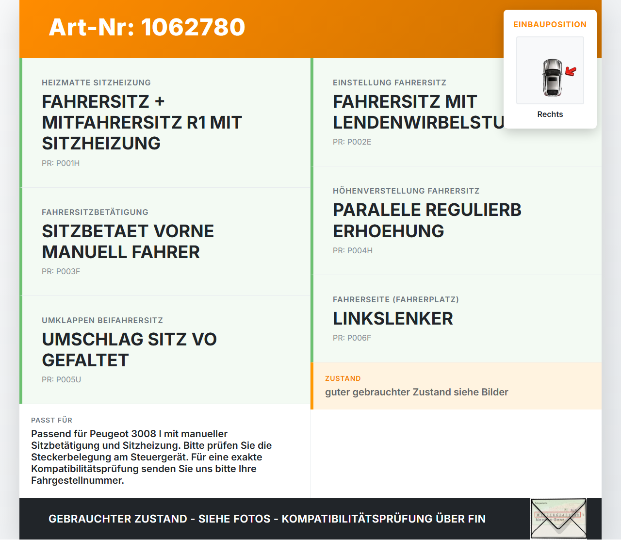 Peugeot 3008 I 0U 13-16 SG Steuergerät f. Sitz Fahrersitzkontrolle Rechts Vo Peugeot 3008 I 0U 13-16 02.01.2012... Vorschau 3
