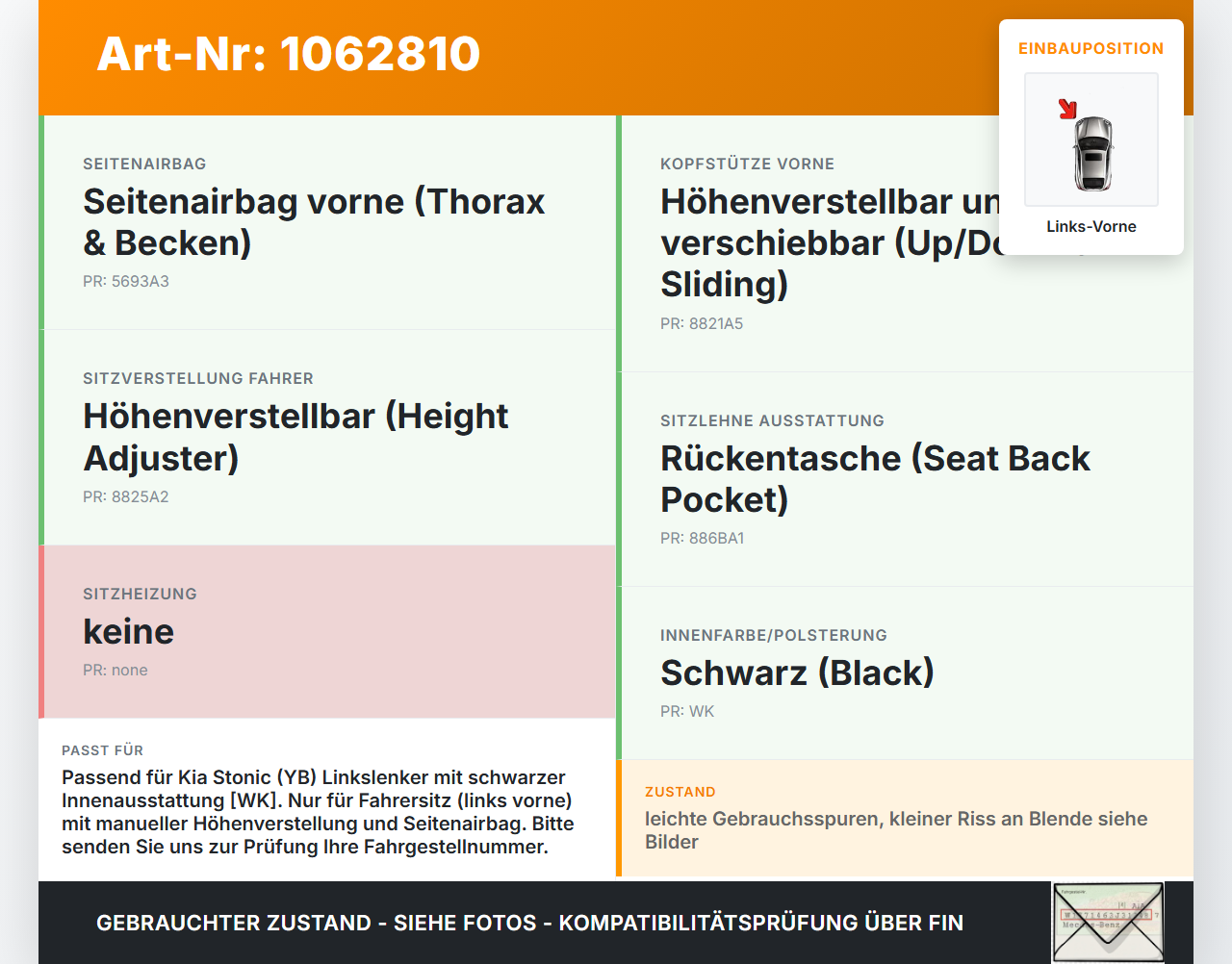 KIA Stonic YB 17-20 Sitzbezug Rückenpolster Links Vorne für Fahrer Sitz KIA Stonic YB 17-20 09.12.2019 gebraucht Vorschau 3