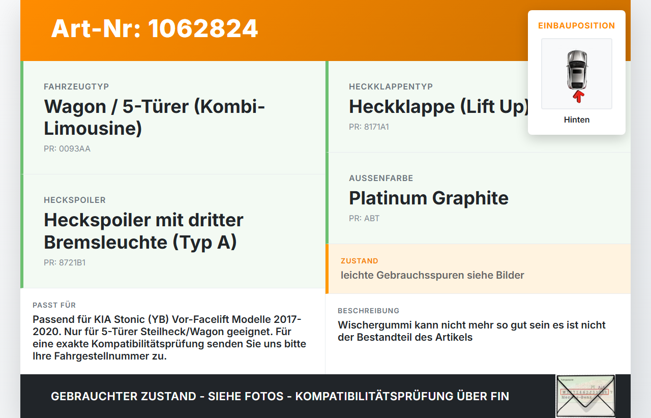 KIA Stonic YB 17-20 Heckwischer Scheibenwischer Hinten Wischarm KIA Stonic YB 17-20 09.12.2019 gebraucht Vorschau 3