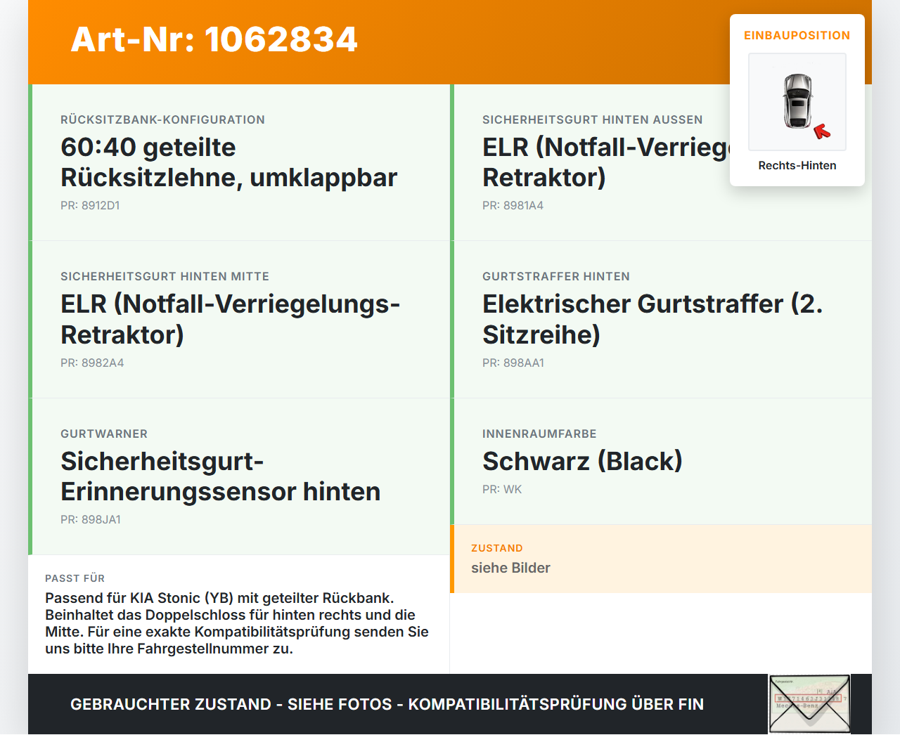 KIA Stonic YB 17-20 Gurtschloss Rechts und Mitte  Hinten KIA Stonic YB 17-20 09.12.2019 89830H8200WK gebraucht Vorschau 3