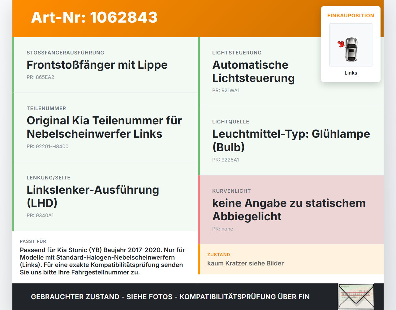 KIA Stonic YB 17-20 Nebelscheinwerfer Links orig. KIA Stonic YB 17-20 09.12.2019 92201-H8400 gebraucht Vorschau 3