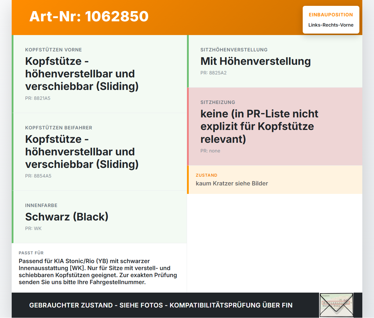 KIA Stonic YB 17-20 Kopfstütze für Beifahrer Sitz Rechts oder Links Vorne KIA Stonic YB 17-20 09.12.2019 gebraucht Vorschau 3