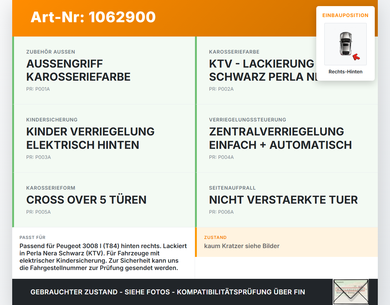 Peugeot 3008 I 0U 13-16 Mehrzweckfahrzeug Türgriff Griff außen mit Träger Schwarz Rechts Hinten KTV Peugeot 3008 I... Vorschau 3