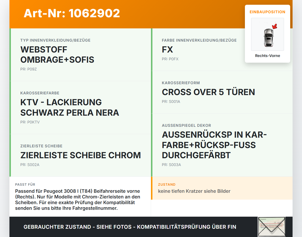 Peugeot 3008 I 0U 13-16 Blende Dreieckblende Rechts Vorne Peugeot 3008 I 0U 13-16 02.01.2012 gebraucht Vorschau 3