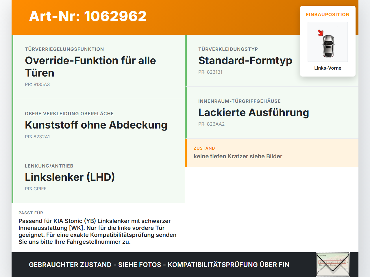 KIA Stonic YB 17-20 Türgriff Innen Griffmuschel Links Vorne KIA Stonic YB 17-20 09.12.2019 82613-H8500 gebraucht Vorschau 3