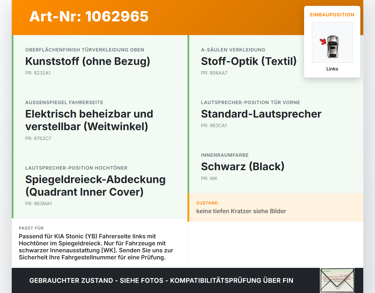 KIA Stonic YB 17-20 Lautsprecher Hochtöner Spiegeldreieck Blende Links KIA Stonic YB 17-20 09.12.2019 87650-H9010... Vorschau 3