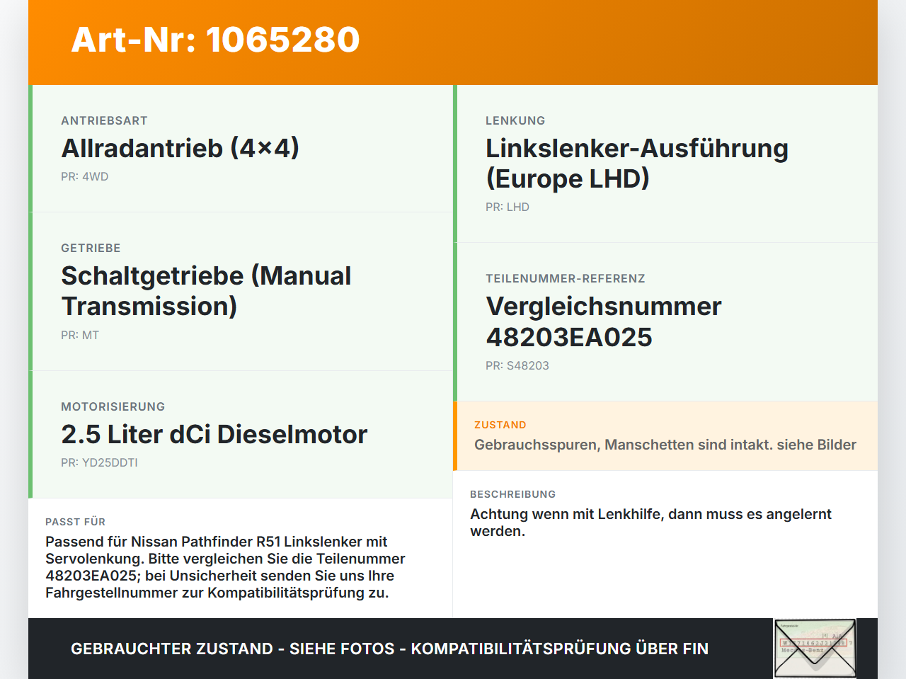 Nissan Pathfinder R51 05-14 Lenkgetriebe Servolenkung Nissan Pathfinder R51 05-14 12.08.2005 48203EA025 gebraucht Vorschau 3