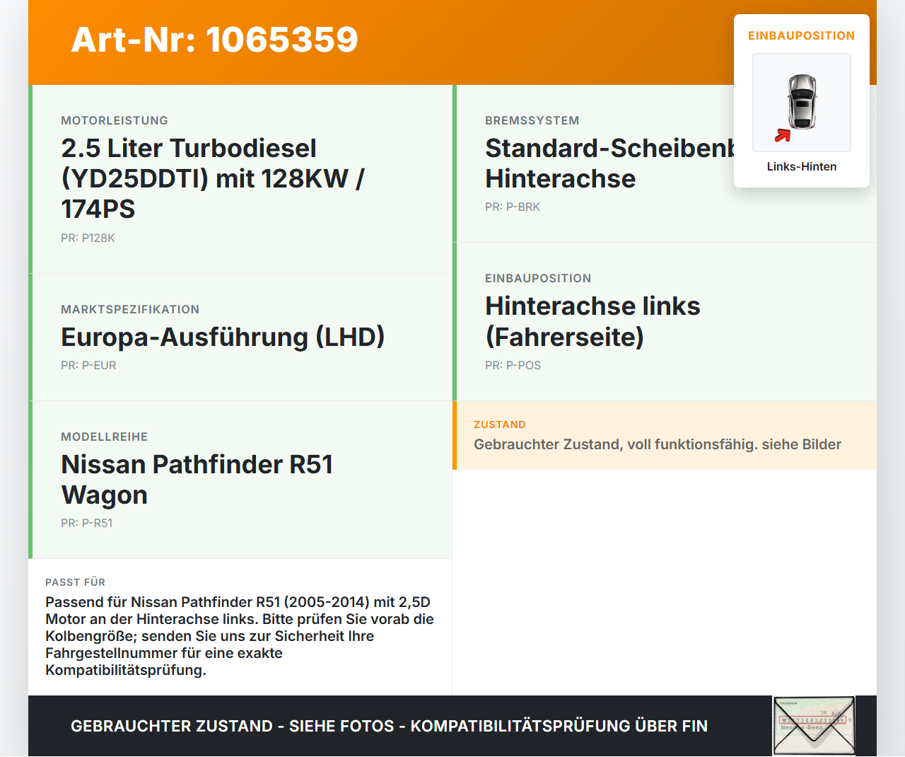Nissan Pathfinder R51 05-14 2,5D 128KW Bremssattel Bremszange Hinten Links Nissan Pathfinder R51 05-14 12.08.2005... Vorschau 3