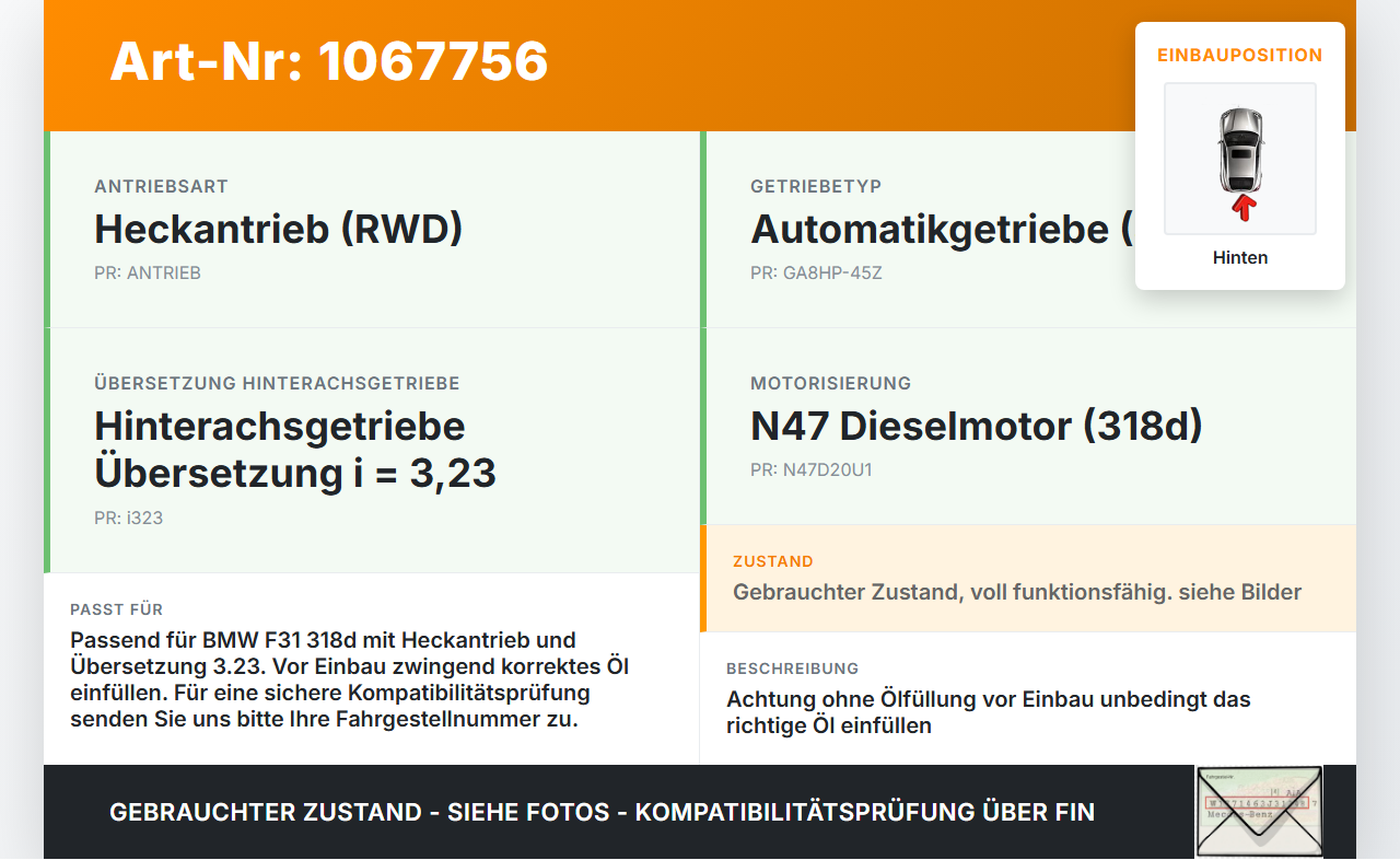 BMW F31 318d 12-15 2,0d 105KW Differential Hinterachsgetriebe Hinten 3.23 BMW F31 318d 12-15 28.02.2014 7599475... Vorschau 3