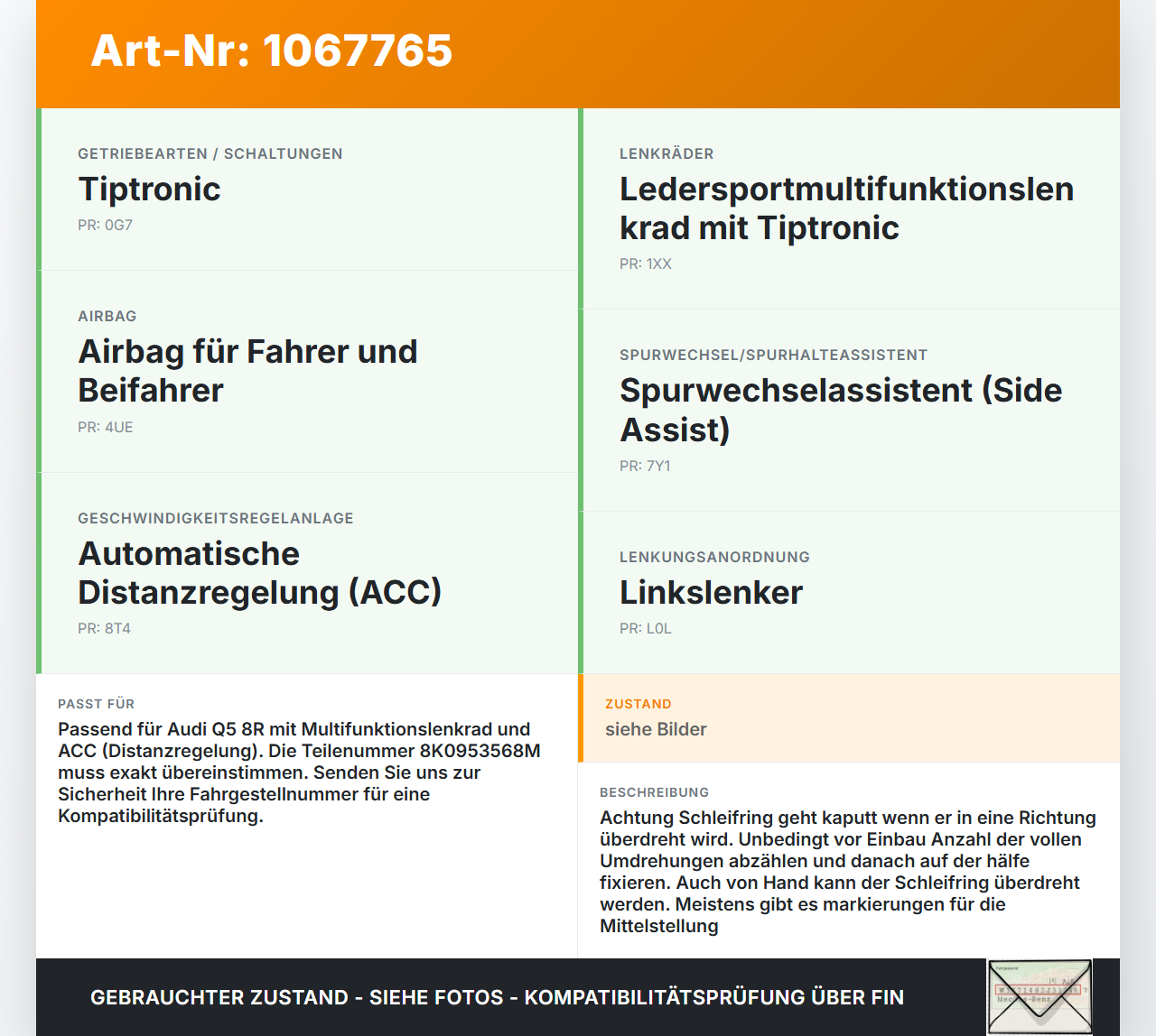 Audi Q5 8R 12-16 Airbag Schleifring Wickelfeder Audi Q5 8R 12-16 04.10.2016 8K0953568M 1002409607 gebraucht Vorschau 3