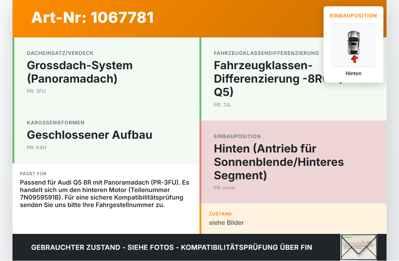 Audi Q5 8R 12-16 Schiebedachmotor Hinten Audi Q5 8R 12-16 04.10.2016 7N0959591B 0390200080 gebraucht Vorschau 3