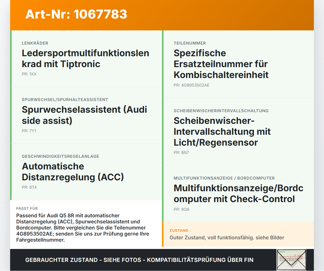 Audi Q5 8R 12-16 Lenkstockschalter Blinker Wischer Kombischalter Audi Q5 8R 12-16 04.10.2016 4G8953502AE... Vorschau 3