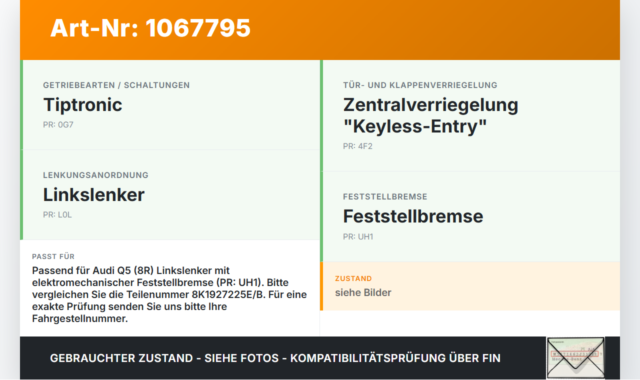 Audi Q5 8R 12-16 Schalter Elektr. Parkbremse Audi Q5 8R 12-16 04.10.2016 8K1927225E gebraucht Vorschau 3