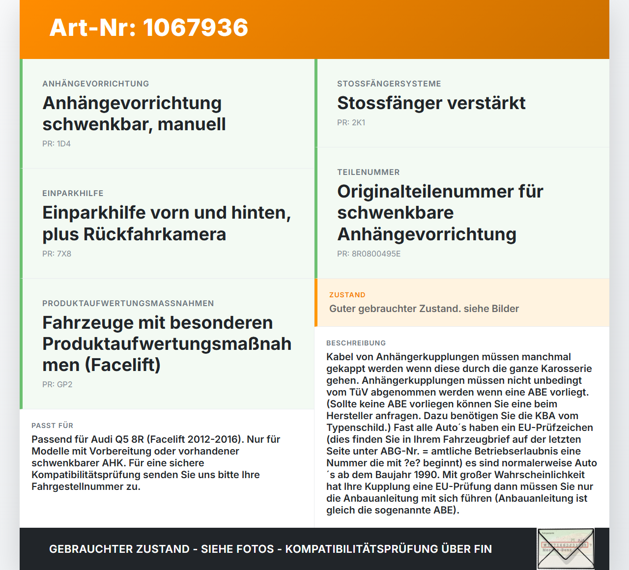 Audi Q5 8R 12-16 Anhängerkupplung AHK Elektr. Schwenkbar Audi Q5 8R 12-16 04.10.2016 8R0800495E gebraucht Vorschau 3