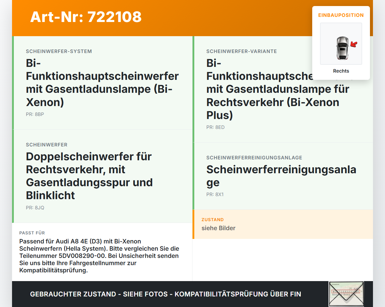 Audi A8 4E D3 02-05 Xenon Vorschaltgerät Rechts Audi A8 4E D3 02-05 10.05.2004 4E0907476 5DV008290-00 gebraucht Vorschau 3
