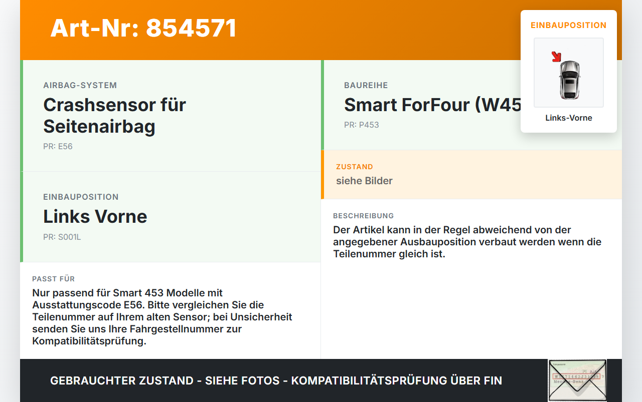 Smart EQ ForFour 453 19-24 Sensor für Airbag Crashsensor Airbagsensor Links Vorne Smart EQ ForFour 453 19-24... Vorschau 3